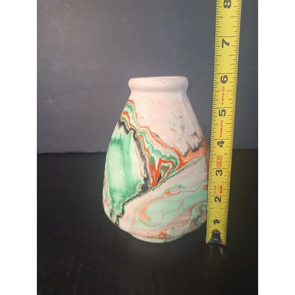 Nemadji Pottery Swirl Vase USA Green Orange Marbleware Mission Drip Art Pottery